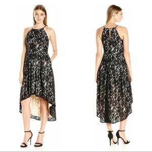 Aidan Mattox Black and Cream Lace Midi Dress